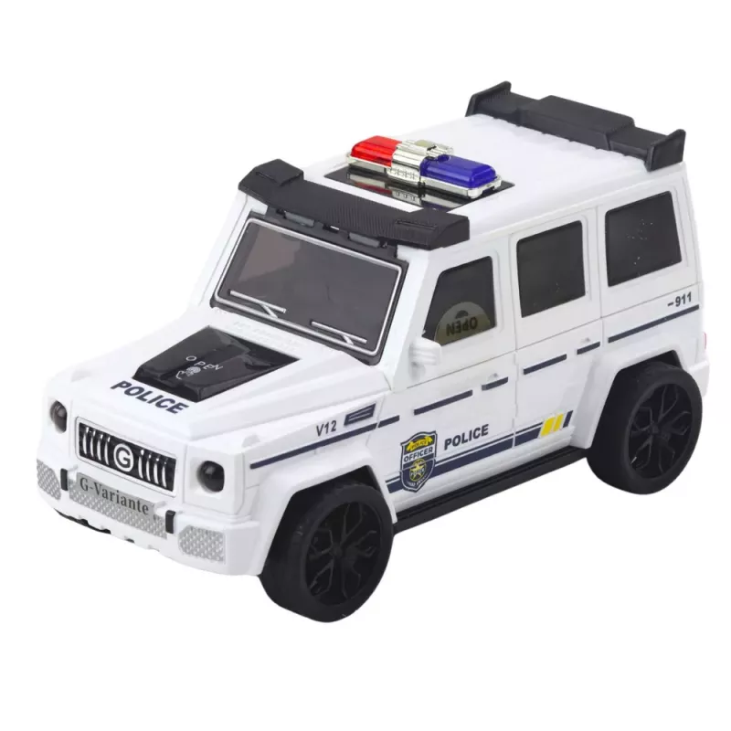 LEAN TOYS Policijos visureigis su inercine pavara, atidaromu bagažinės dangčiu, baltas