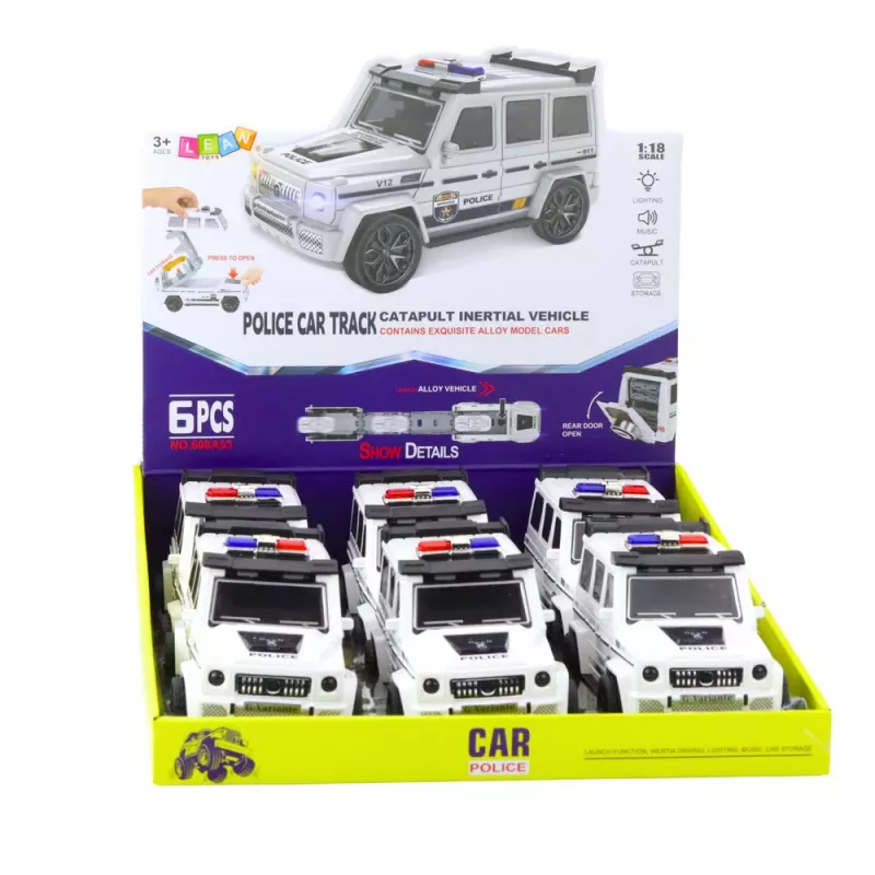 LEAN TOYS Policijos visureigis su inercine pavara, atidaromu bagažinės dangčiu, baltas