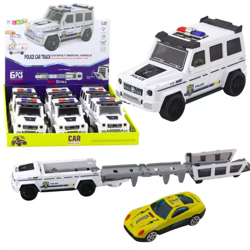LEAN TOYS Policijos visureigis su inercine pavara, atidaromu bagažinės dangčiu, baltas