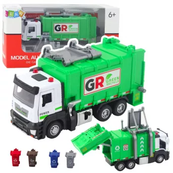 LEAN TOYS Šiukšliavežis su Varikliu, 4 Šiukšliadėžėmis, Šviesomis ir Garsais, Žalias