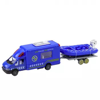 LEAN TOYS Policijos gelbėjimo automobilis, valtis, sunkvežimis, sraigtasparnis mėlynas rinkinys