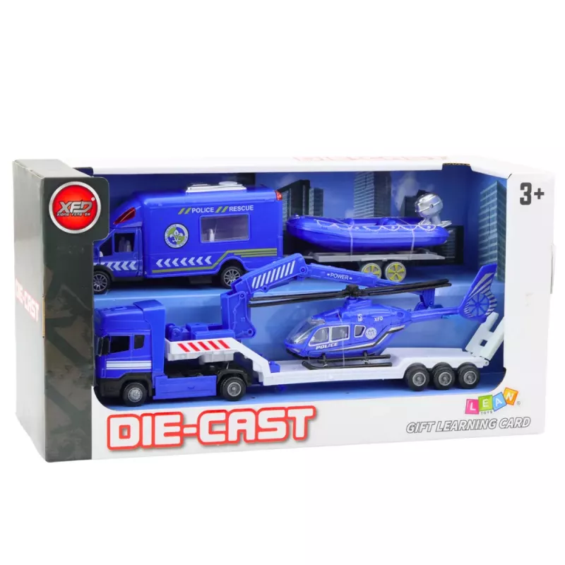 LEAN TOYS Policijos gelbėjimo automobilis, valtis, sunkvežimis, sraigtasparnis mėlynas rinkinys
