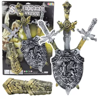 LEAN TOYS Riterio rinkinys 3 kardai skydas antrankiai antblauzdžiai realistiniai dekoracijos