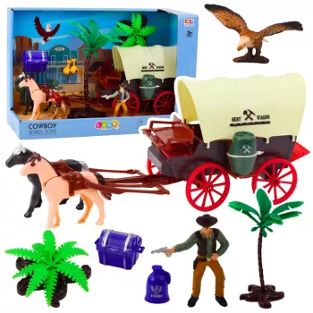 LEAN TOYS Vakarų kaubojų rinkinys su vežimu, arkliais ir palmėmis
