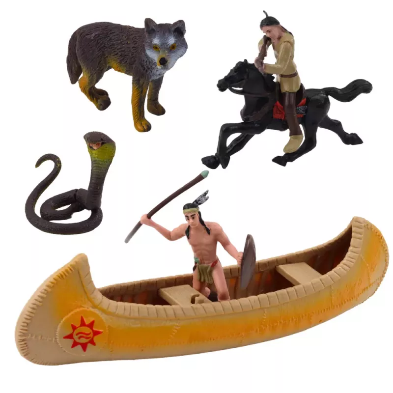 LEAN TOYS Indėnų figūrėlių rinkinys Kaimas su baidare ir totemu