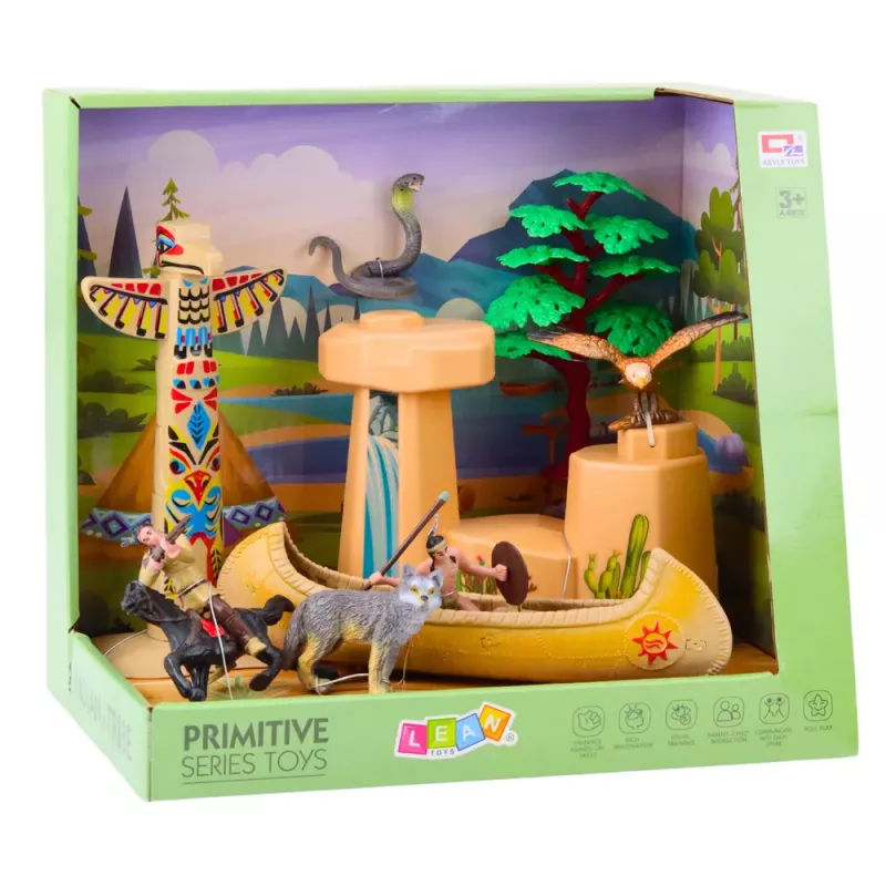 LEAN TOYS Indėnų figūrėlių rinkinys Kaimas su baidare ir totemu