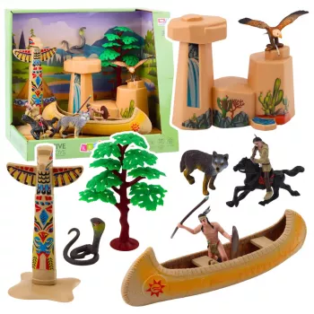 LEAN TOYS Indėnų figūrėlių rinkinys Kaimas su baidare ir totemu