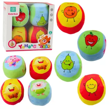 LEAN TOYS Minkštų kamuoliukų rinkinys mažyliams Spalvingi vaisiai 4 vnt.