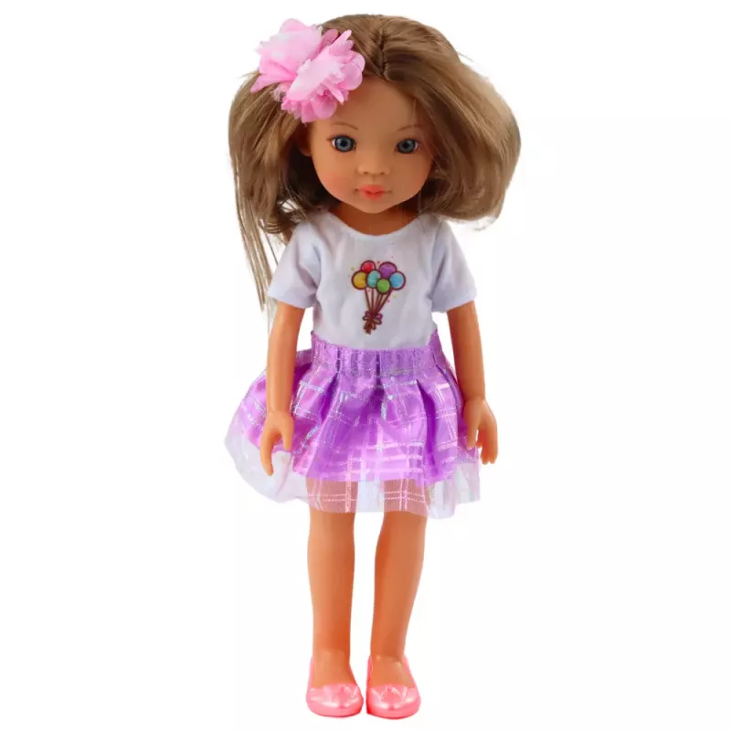 LEAN TOYS Lėlė Violetine Suknele Ilgais Rudais Plaukais Su Gėlės Segtuku