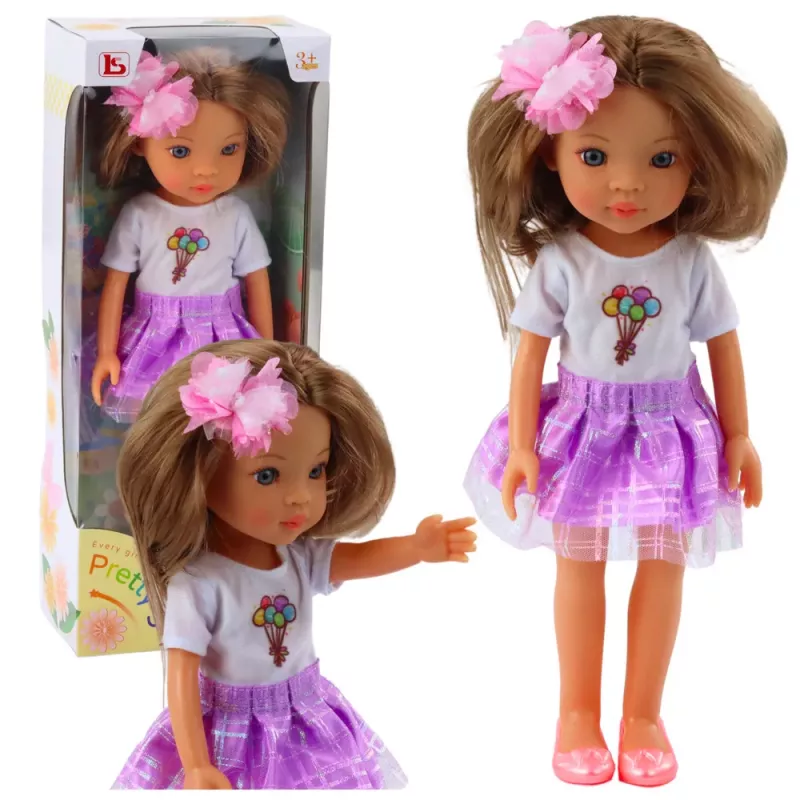 LEAN TOYS Lėlė Violetine Suknele Ilgais Rudais Plaukais Su Gėlės Segtuku