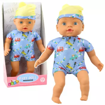 LEAN TOYS Baby Doll Blue Clothes with Patterns Hat with Ears 31cm