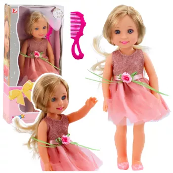 LEAN TOYS Lėlė su suknele ir kaspinu, ilgais plaukais, rožinė, šukomis, 38 cm