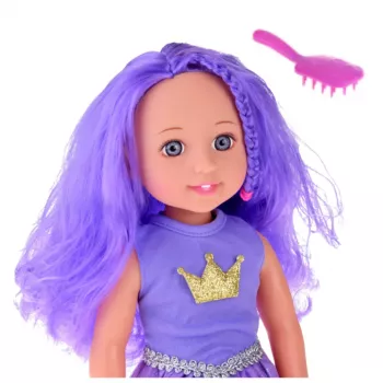 LEAN TOYS Lėlė su suknele ir karūna ilgais violetiniais plaukais bei šepečiu 38 cm