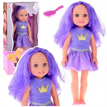 LEAN TOYS Lėlė su suknele ir karūna ilgais violetiniais plaukais bei šepečiu 38 cm