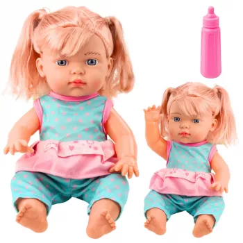 LEAN TOYS Baby Doll in Turquoise Set with Ponies, Bottle, and Sound