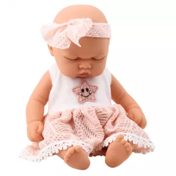 LEAN TOYS Mieganti kūdikio lėlė su rausva nėriniuota suknele ir žvaigždute papuoštu galvos raiščiu