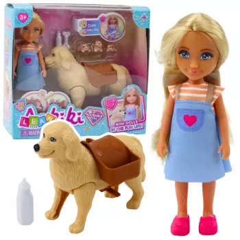 LEAN TOYS Ankiki Mini Lėlė su Komplektu su Krepšiu, Šuniukais, Kaulu