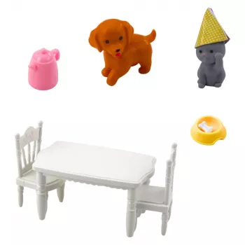 LEAN TOYS Gimtadienio rinkinys su šuniu, kate, stalu ir aksesuarais