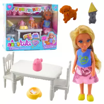 LEAN TOYS Gimtadienio rinkinys su šuniu, kate, stalu ir aksesuarais