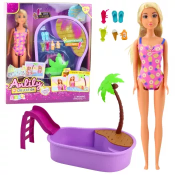 LEAN TOYS Anlily Doll Set On The Beach Pool Palm Tree Accessories 8 vnt.