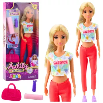 LEAN TOYS Anlily Yoga Doll su mankštos kilimėliu, vandens buteliuku, sportiniu krepšiu, judančiomis galūnėmis, 29 cm, blondinai plaukai, mėlynos akys, sportinė apranga, vaikams nuo 3 metų