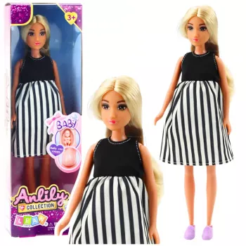 LEAN TOYS Anlily Nėščia Lėlė Juodai Balta Dryžuota Suknele Kūdikis