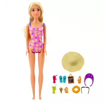 LEAN TOYS Anlily lėlės rinkinys „Paplūdimyje“ su baseinu, palme, gėrimų stendu ir aksesuarais