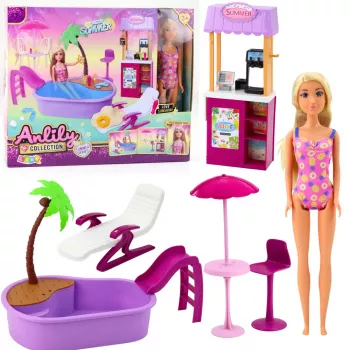 LEAN TOYS Anlily lėlės rinkinys „Paplūdimyje“ su baseinu, palme, gėrimų stendu ir aksesuarais