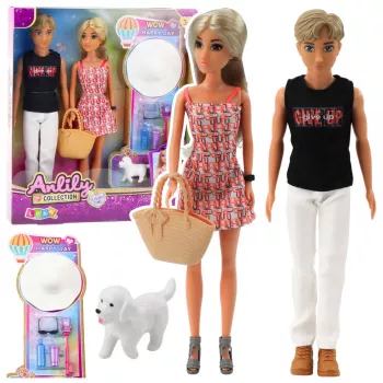 LEAN TOYS Anlily lėlių rinkinys: mergaitė su berniuku, kepure ir šuns aksesuarais