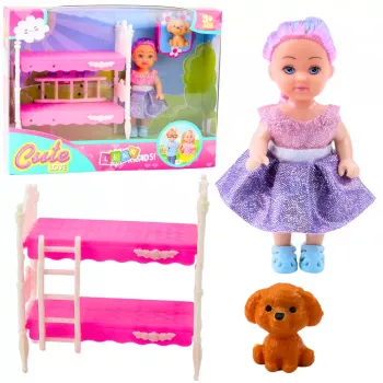 LEAN TOYS Mini Doll in Dress Double-decker Bed Dog Set