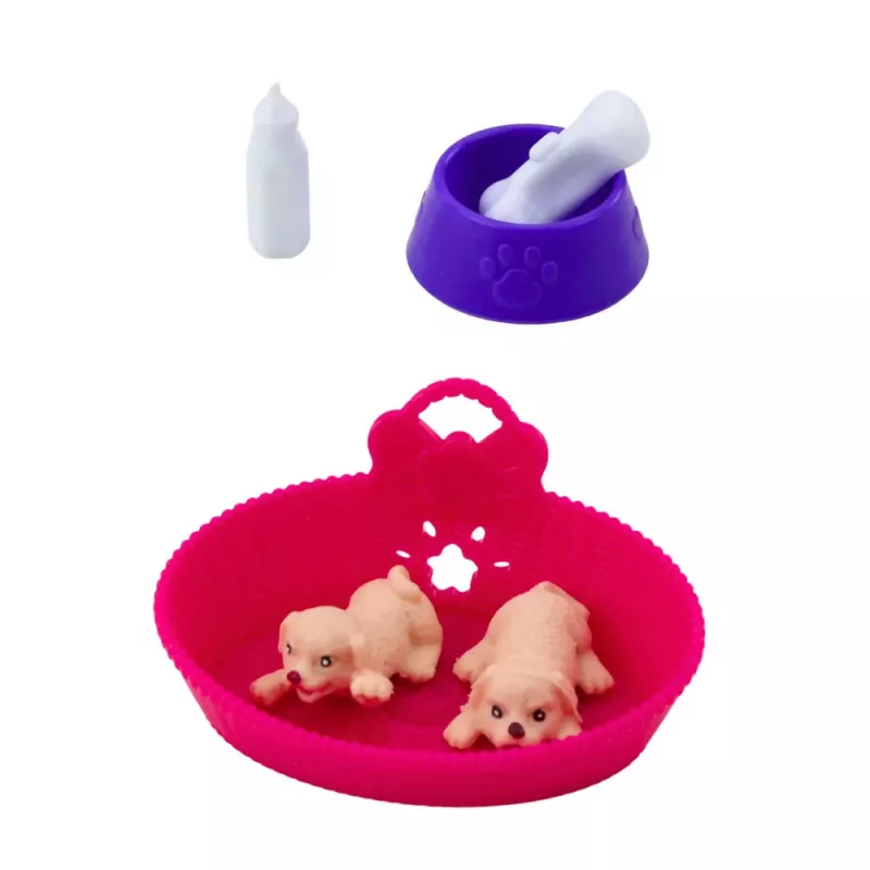 LEAN TOYS Mini lėlės rinkinys su dviem šuniukais, lova, dubenėliu ir buteliuku