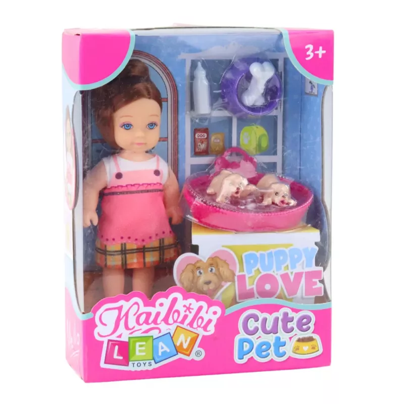 LEAN TOYS Mini lėlės rinkinys su dviem šuniukais, lova, dubenėliu ir buteliuku