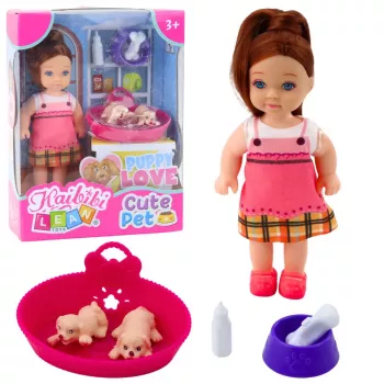 LEAN TOYS Mini lėlės rinkinys su dviem šuniukais, lova, dubenėliu ir buteliuku