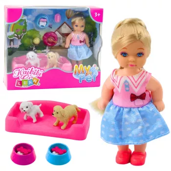 LEAN TOYS Mini Doll Set su dviem šunimis, lova, maisto dubenėliu