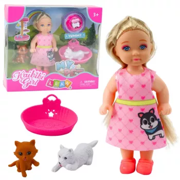 LEAN TOYS Mini Doll Set su šunimi, kačiuku, lova ir maisto dubenėliu