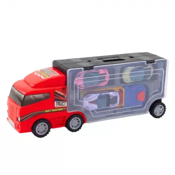 LEAN TOYS Sunkvežimis su garažu ir automobilių paleidimo įrenginiu 3vnt Raudonas
