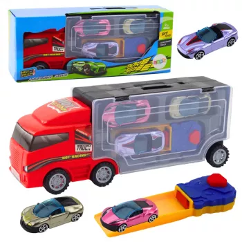 LEAN TOYS Sunkvežimis su garažu ir automobilių paleidimo įrenginiu 3vnt Raudonas