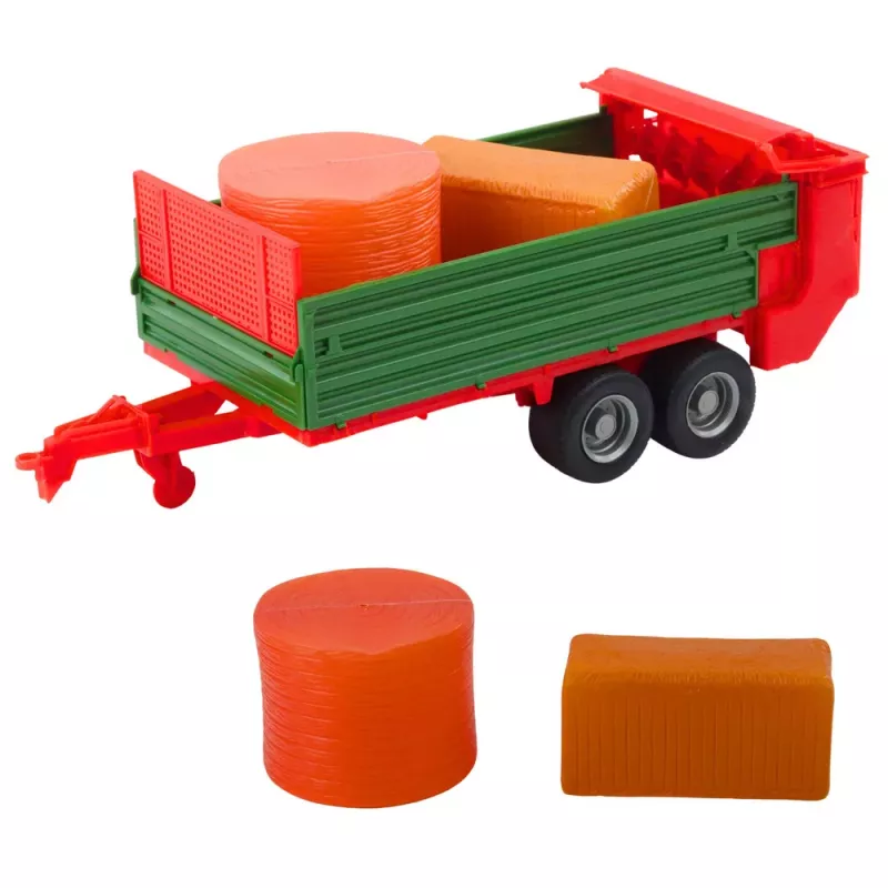 LEAN TOYS Žemės ūkio traktorius su žaliu priekaba ir raudonais šieno rulonais 62cm