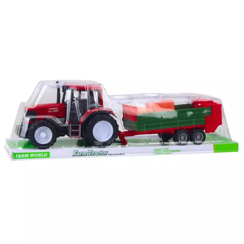 LEAN TOYS Žemės ūkio traktorius su žaliu priekaba ir raudonais šieno rulonais 62cm