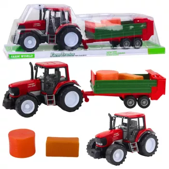 LEAN TOYS Žemės ūkio traktorius su žaliu priekaba ir raudonais šieno rulonais 62cm