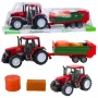 LEAN TOYS Žemės ūkio traktorius su žaliu priekaba ir raudonais šieno rulonais 62cm