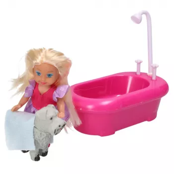 LEAN TOYS Mini Doll Set su vonia ir baltu šuneliu rožinė