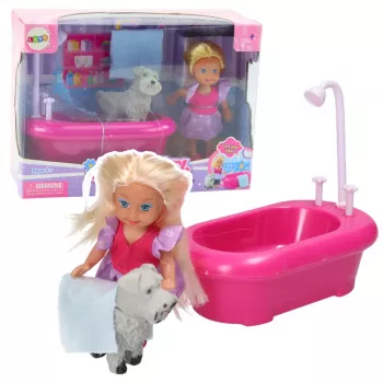 LEAN TOYS Mini Doll Set su vonia ir baltu šuneliu rožinė