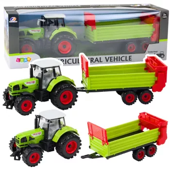 LEAN TOYS Traktorius su priekaba, inercinė pavara, atidaromas variklio dangtis, durelės, žalias