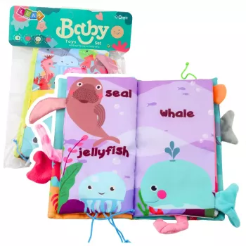 LEAN TOYS Minkštas sensorinis jūros gyvūnų knygelė su šiugždesiais ir pyptelėjimu