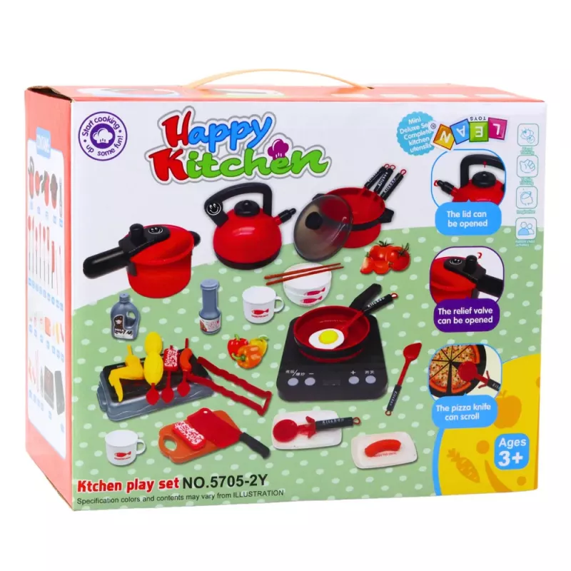 LEAN TOYS Virtuvės rinkinys su puodais, maistu, baterijomis maitinama virykle, 36 dalių