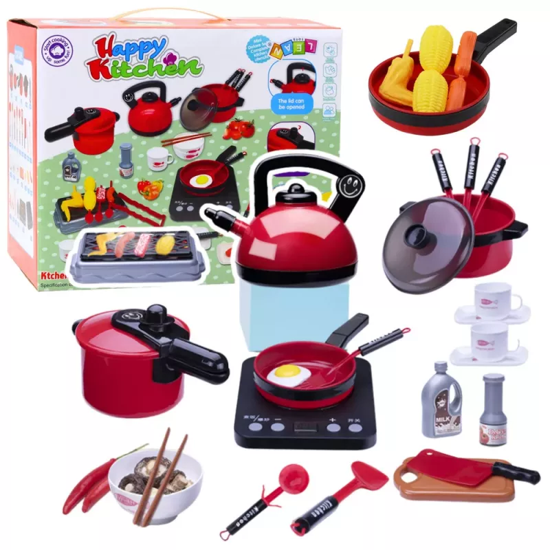 LEAN TOYS Virtuvės rinkinys su puodais, maistu, baterijomis maitinama virykle, 36 dalių