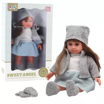 LEAN TOYS Kūdikio lėlė su mėlyna suknele, kepure, megztiniu ir pirštinėmis - 36,5 cm