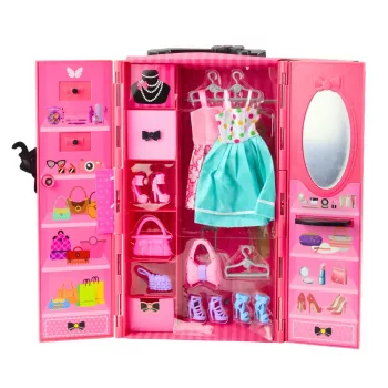 LEAN TOYS Lėlė su Drabužių Spinta Priedais Rožiniai Drabužiai Mados Apsirengimo Rinkinys