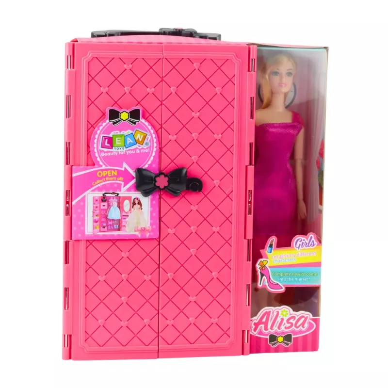 LEAN TOYS Lėlė su Drabužių Spinta Priedais Rožiniai Drabužiai Mados Apsirengimo Rinkinys